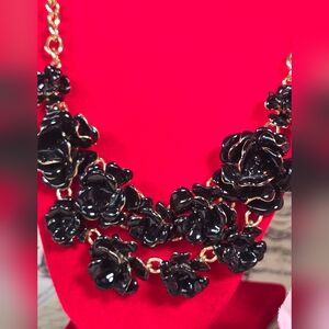 Talbots Black & Gold Statement Bib Necklace, Cascading Flowers.